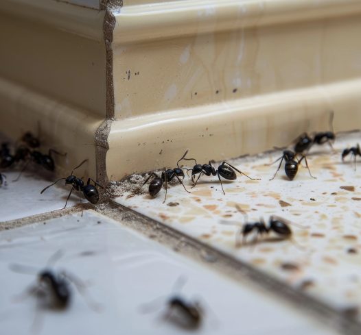 Capturing the menace of an ant gathering at the joint between cream wall and patterned floor tiles